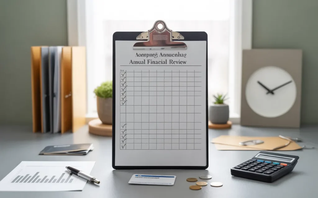 Vignette BMPA : flat-lay bureau moderne avec clipboard et checklist de cases cochées, calculatrice, graphique abstrait, pièces, carte bancaire neutre, stylo premium, dossier, plante verte, horloge sans chiffres et élément d’optimisation (engrenage), lumière douce et palette bleu profond.