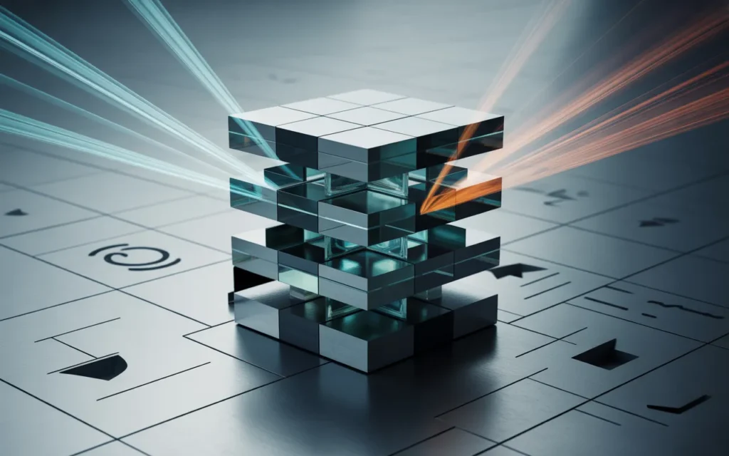 Vignette finance premium BMPA illustrant des produits structurés sous forme d’assemblage 3D en verre et métal, avec halos cyan et tensions orange-rouge dans un décor abstrait de salle de marché stylisée.