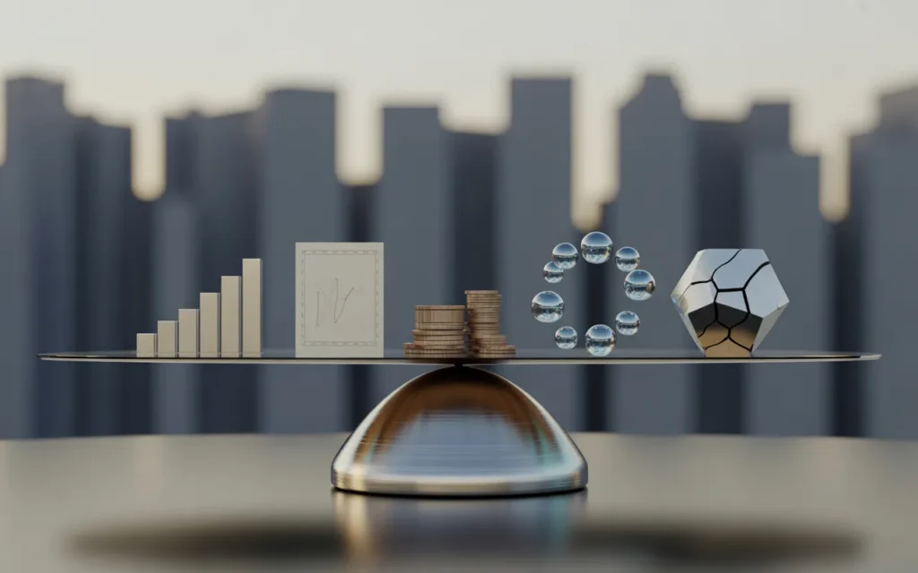 Vignette 16:9 corporate premium : bureau moderne avec table en verre, balance en métal brossé centrée entourée d’un graphique en relief (performance), pièces et sceau neutre (fiscalité), goutte d’eau en verre (liquidité) et polyèdre (risque), palette bleu nuit et accents bronze, style BMPA.