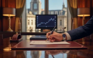 Illustration photoréaliste BMPA d’un bureau privé luxueux type private banking : main élégante signant un contrat sur table en marbre avec stylo premium et porte-documents en cuir, objets décoratifs évoquant Luxembourg et France, baie vitrée sur skyline européen flouté et écran avec courbes financières abstraites.