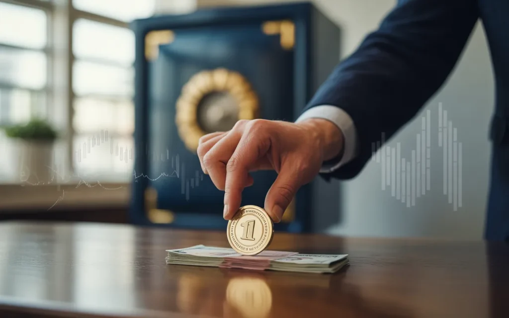 Thumbnail finance BMPA photoréaliste : main en costume tenant une clé métallique, faisceau de liquidités au premier plan, bureau moderne lumineux, arrière-plan flou avec graphiques boursiers abstraits et coffre-fort suggérant des actifs protégés.