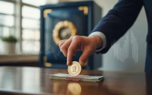 Thumbnail finance BMPA photoréaliste : main en costume tenant une clé métallique, faisceau de liquidités au premier plan, bureau moderne lumineux, arrière-plan flou avec graphiques boursiers abstraits et coffre-fort suggérant des actifs protégés.