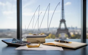 Vignette éditoriale premium BMPA : bureau moderne de gestion de patrimoine en France avec documents à onglets, calculatrice sans chiffres, stylo plume, carnet vierge, pièces et lingot discrets, graphique abstrait sur écran, bouclier translucide et reflets de croissance, monument parisien flou en arrière-plan.