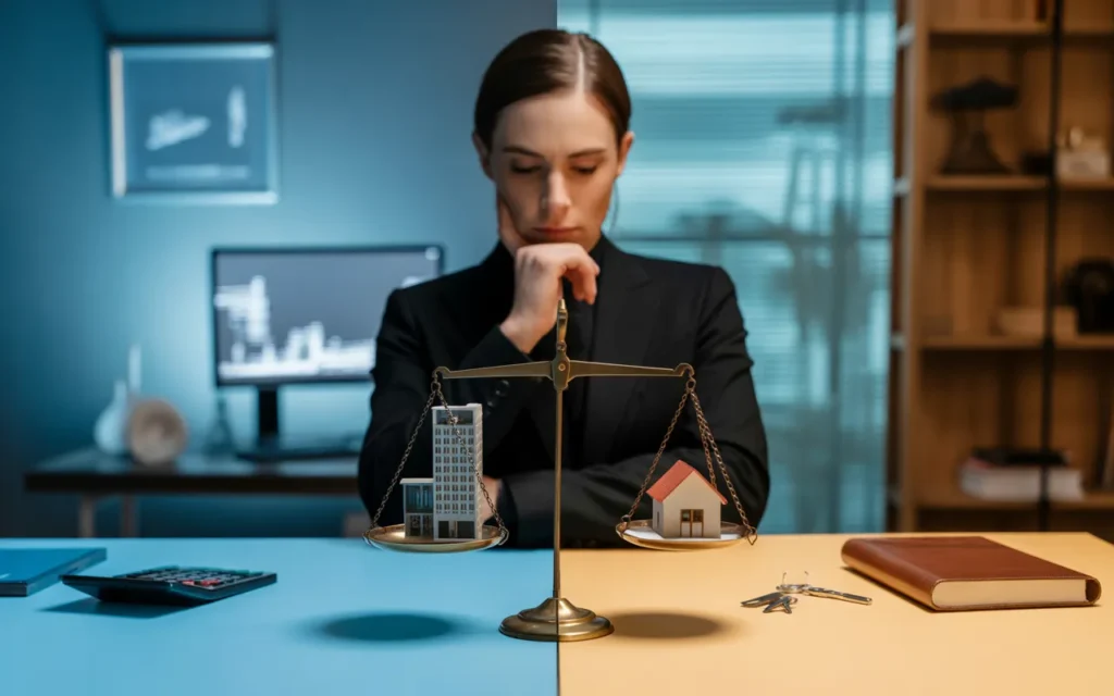 Vignette photo‑réaliste 16:9 BMPA : entrepreneur élégant au bureau arbitrant entre entreprise (tons froids, skyline et outils corporate) et patrimoine privé (tons chauds, maison miniature et clés) avec une balance centrale en équilibre dynamique, bokeh et éclairage cinématographique.