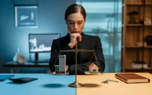 Vignette photo‑réaliste 16:9 BMPA : entrepreneur élégant au bureau arbitrant entre entreprise (tons froids, skyline et outils corporate) et patrimoine privé (tons chauds, maison miniature et clés) avec une balance centrale en équilibre dynamique, bokeh et éclairage cinématographique.