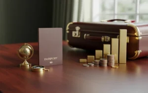 Nature morte finance et expatriation sur bureau élégant : passeport neutre fermé, petit globe, boussole, pièces et billets génériques, graphique en blocs bois, valise floue et ombre en filet suggérant un piège fiscal, ambiance bleu nuit et doré — BMPA