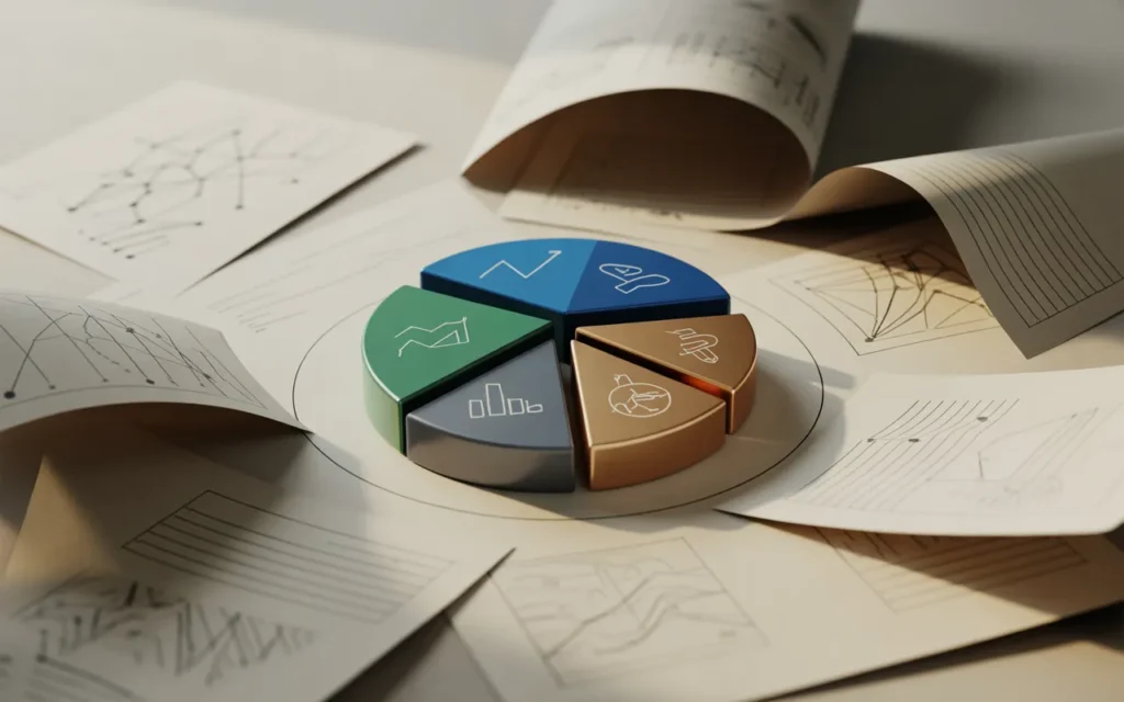 Vignette éditoriale 3D premium fintech montrant un camembert de diversification de portefeuille (actions, obligations, alternatives) sur fond clair élégant, avec jetons minimalistes et lignes fines, rendu réaliste softbox — BMPA