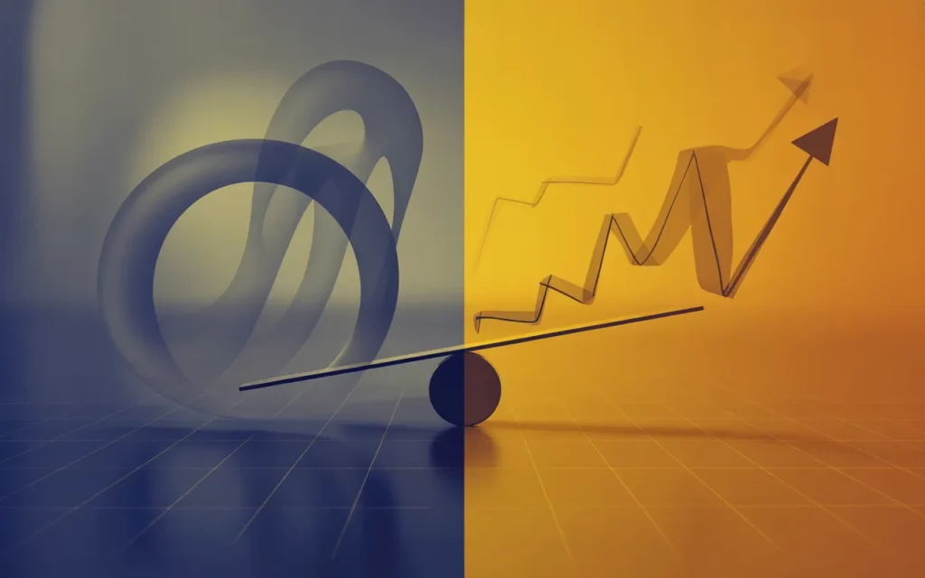 Vignette fintech 3D isométrique split-screen illustrant la différence allocation stratégique vs allocation tactique en investissement, avec trajectoire lisse bleu/gris à gauche (boussole, carte, piliers) et trajectoire anguleuse orange/jaune à droite (flèches, ajustements), transition centrale et balance minimaliste, style BMPA.