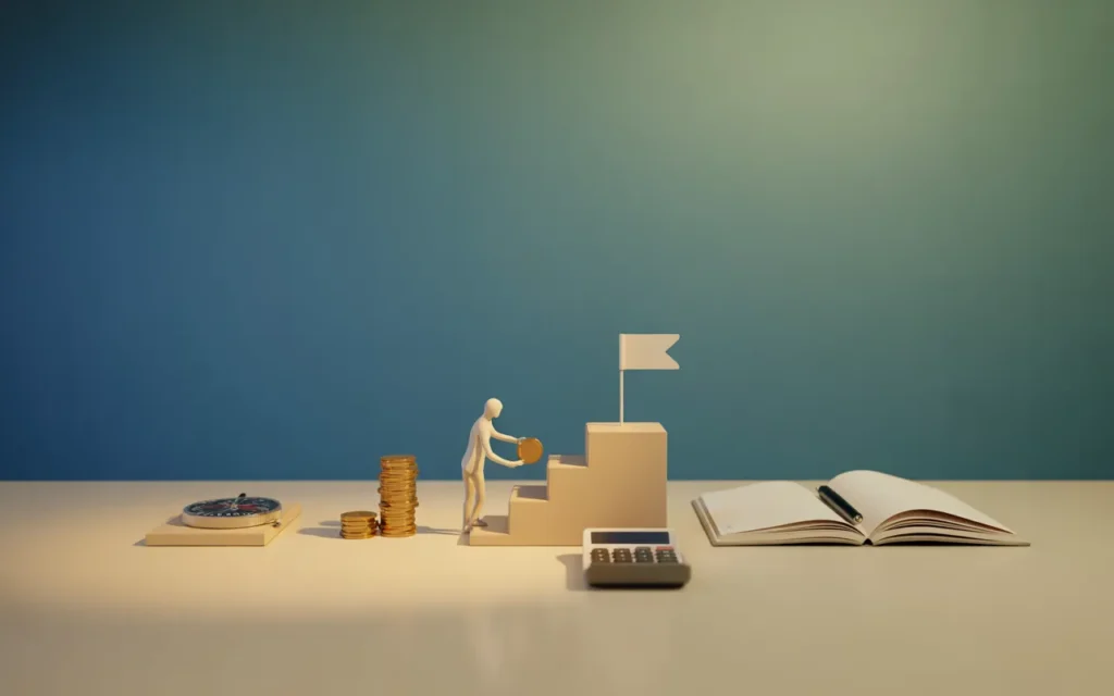 Illustration 3D minimaliste premium BMPA sur patrimoine financier et objectifs réalistes : pièces et jetons d’épargne, graphique en barres progressif, marches vers un drapeau, boussole, carnet vierge et calculatrice sur bureau épuré, ambiance fintech douce et rassurante, sans texte.