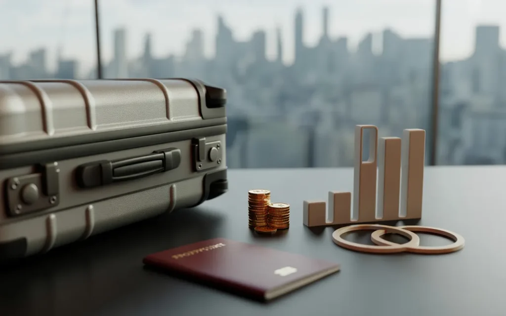 Vignette éditoriale photoréaliste BMPA : valise d’expatrié sur bureau avec pièces et jetons neutres, graphique 3D abstrait, passeport sans marquage, tampon circulaire stylisé et balance de justice, skyline/aéroport flou en arrière-plan, tons bleu-gris et accents dorés.