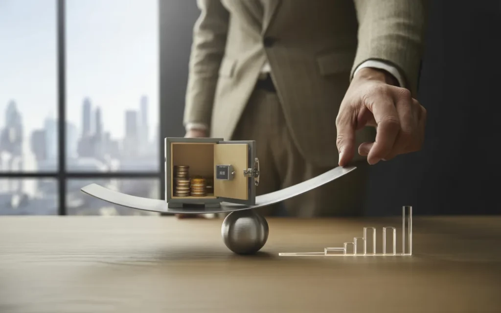 Vignette 16:9 premium corporate BMPA : main en costume ajustant un mécanisme reliant trésorerie d’entreprise (coffre minimaliste ouvert avec jetons dorés et carte neutre) et patrimoine personnel (maison miniature/portefeuille/bonsaï) sur bureau en bois, skyline d’affaires floue en arrière-plan.