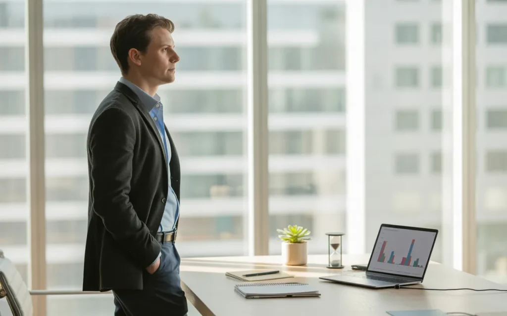 Entrepreneur BMPA en bureau moderne et lumineux, profil serein, préparant une cession d’entreprise avec dossier, ordinateur portable, carnet, graphiques flous, plante et sablier sur table de réunion.