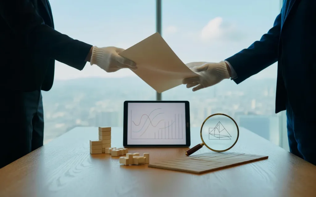 Vignette 16:9 photoréaliste premium BMPA d’un bureau moderne de gestion de patrimoine, table en bois clair avec tablette affichant un graphique abstrait sans texte, jetons empilés, quelques dés, puzzle partiellement assemblé et loupe sur schéma sans lettres, mains en tenue business échangeant un document vierge, légère plongée, arrière-plan bokeh baie vitrée et ville, palette bleu nuit gris clair touches dorées, sans logo ni chiffres.
