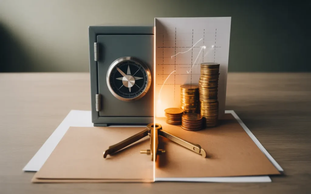 Illustration réaliste 16:9 sur bureau moderne montrant un choix d’assurance-vie BMPA : coffre ou tirelire et pièces alignées à gauche (fonds en euros), pièces dynamiques et graphique boursier abstrait à droite (unités de compte), boussole ou balance au centre, contrat vierge sans texte.