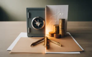 Illustration réaliste 16:9 sur bureau moderne montrant un choix d’assurance-vie BMPA : coffre ou tirelire et pièces alignées à gauche (fonds en euros), pièces dynamiques et graphique boursier abstrait à droite (unités de compte), boussole ou balance au centre, contrat vierge sans texte.