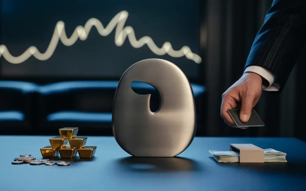 Balance métal brossé sur bureau sombre opposant actifs (lingots d’or, pièces, portefeuille d’actions) et liquidités/prêt lombard (main en costume avec dossier scellé, carte bancaire neutre, billets), fond bokeh courbe de marché lumineuse, style finance premium moderne — BMPA