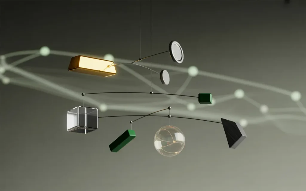 BMPA vignette éditoriale 16:9 photoréaliste stylisée montrant une balance minimaliste équilibrant or, obligations et liquidités face à actions/tech, ESG et risque, sur fond de courbes de marché abstraites en bleu nuit avec reflets métal et verre.