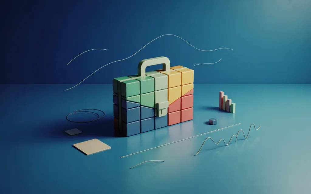 Illustration 3D minimaliste BMPA d’allocation d’actifs : camembert multicolore transformé en portefeuille/valise, avec barres de graphique, courbe ascendante, jetons génériques, immeuble abstrait, obligation stylisée et lingot minimaliste sur fond dégradé bleu nuit, évoquant un portefeuille diversifié.