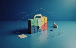 Illustration 3D minimaliste BMPA d’allocation d’actifs : camembert multicolore transformé en portefeuille/valise, avec barres de graphique, courbe ascendante, jetons génériques, immeuble abstrait, obligation stylisée et lingot minimaliste sur fond dégradé bleu nuit, évoquant un portefeuille diversifié.