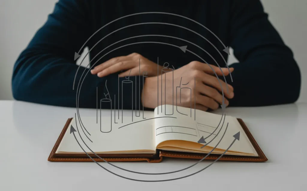 Vignette fintech 3D semi-réaliste BMPA : bureau minimaliste en légère plongée avec portefeuille ouvert et documents financiers sans texte, flèches circulaires suggérant la sur-rotation dissipées vers une main ou un presse-papiers stable, graphiques abstraits et smartphone non lisible, palette bleu nuit et lumière softbox.