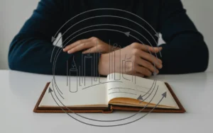 Vignette fintech 3D semi-réaliste BMPA : bureau minimaliste en légère plongée avec portefeuille ouvert et documents financiers sans texte, flèches circulaires suggérant la sur-rotation dissipées vers une main ou un presse-papiers stable, graphiques abstraits et smartphone non lisible, palette bleu nuit et lumière softbox.