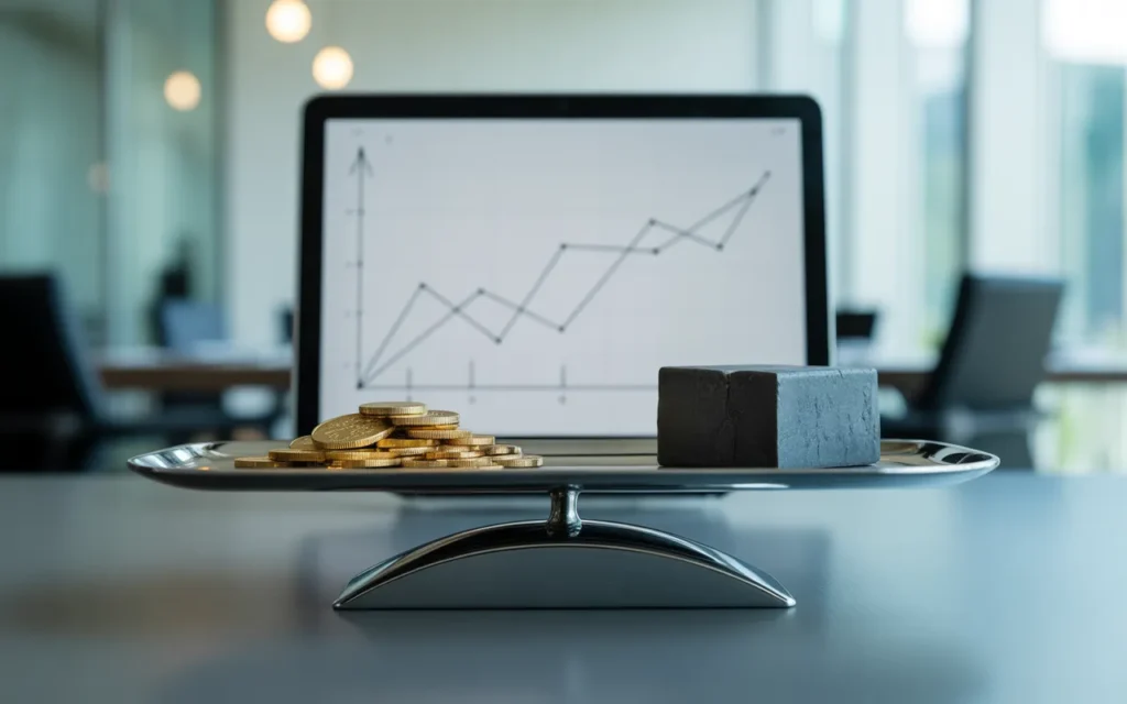 BMPA : balance fiscale métallique sur bureau moderne, pièces et lingots dorés d’un côté, poids sombre de l’autre, tablette affichant courbe de marché ascendante sans chiffres, documents neutres, calculatrice, stylo, ambiance bleu nuit gris ardoise avec accents or, rendu photo réaliste premium.