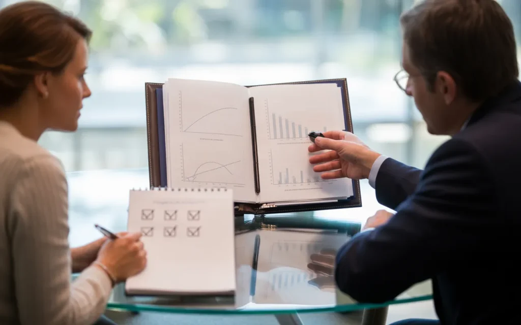 Vignette photoréaliste 16:9 haute résolution d’un rendez-vous en bureau moderne et lumineux de conseil financier BMPA : conseiller en tenue business et client face à face autour d’une table, carnet à cases cochées et stylo, tablette sans texte, documents avec graphiques simples sans chiffres, séparateur/pochette en verre transparent avec reflets doux, ambiance premium sobre bleu-gris, lumière daylight et léger bokeh, espace négatif sur un côté.