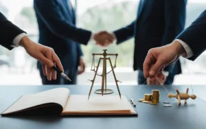 Vignette photoréaliste 16:9 sur l’indépendance du conseiller et la confiance BMPA : boussole et fil à plomb près d’un porte-documents avec contrat non signé, main tenant un stylo, jetons dorés et marionnette aux fils coupés, silhouettes floues se serrant la main, sans texte ni logo.