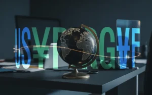 Illustration 3D photoréaliste BMPA d’un globe terrestre sur bureau fintech sombre, entouré de pièces et billets abstraits multidevises sans symboles, avec courbes de marché lumineuses, barres graphiques translucides, réseau de flux internationaux et bouclier semi-transparent suggérant risque et précaution, contraste bleu-vert et rouge-orange, profondeur de champ cinématique.