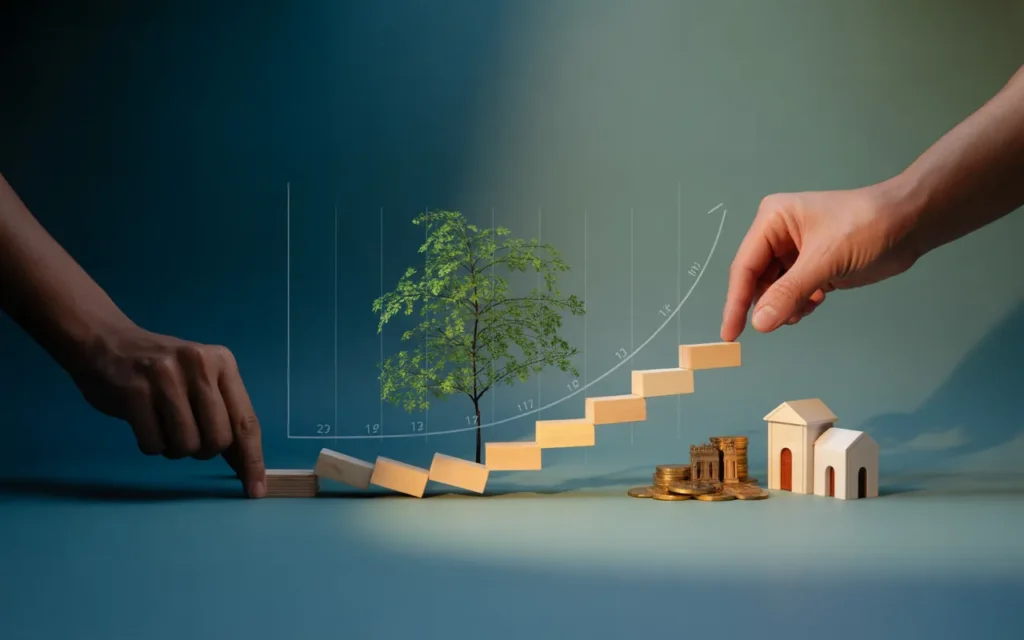 Illustration premium BMPA : mains assemblant des blocs formant une courbe de croissance stable sur une ligne du temps, avec maquette de maison, pièces empilées et jeune pousse, ambiance lumineuse bleu-vert et touches dorées, sans texte.