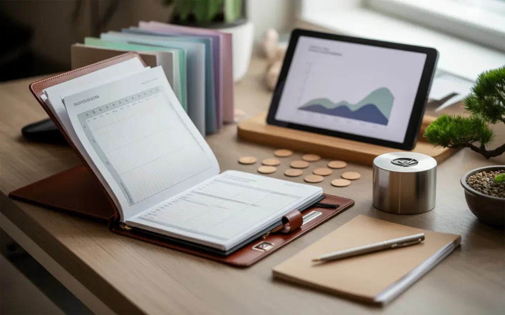 Illustration photoréaliste premium BMPA d’un bureau moderne épuré avec table en bois clair et objets de gestion de patrimoine bien structurés (porte-documents, dossiers colorés, tablette avec graphes abstraits sans texte, boussole métal, pièces neutres, bonsaï, bloc-notes vierge), lumière naturelle et bokeh léger.
