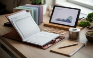 Illustration photoréaliste premium BMPA d’un bureau moderne épuré avec table en bois clair et objets de gestion de patrimoine bien structurés (porte-documents, dossiers colorés, tablette avec graphes abstraits sans texte, boussole métal, pièces neutres, bonsaï, bloc-notes vierge), lumière naturelle et bokeh léger.