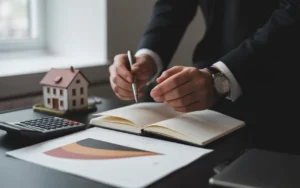 Vignette photo réaliste premium BMPA d’analyse patrimoniale : mains professionnelles avec stylo sur carnet vierge, calculatrice éteinte, graphique abstrait sans texte, mini-maison/clé, bureau moderne bleu nuit et gris ardoise, ordinateur flou en arrière-plan, lumière naturelle latérale et espace négatif.