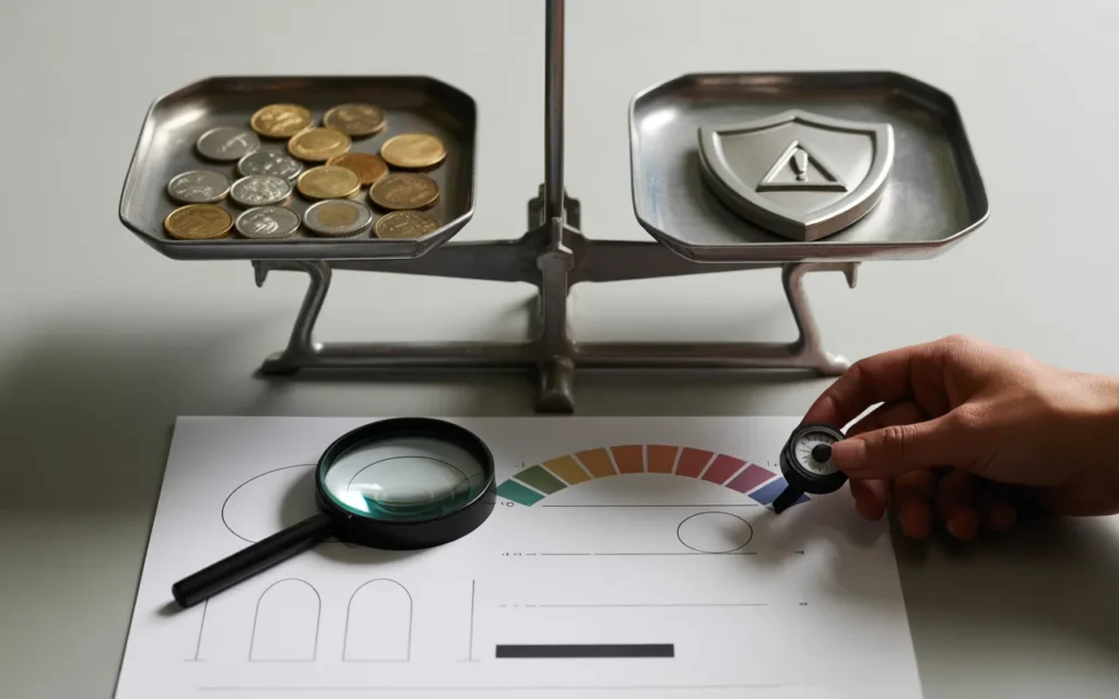 Vignette photoréaliste BMPA vue en légère plongée d’un bureau moderne avec balance métal brossé illustrant l’équilibre risque/rendement, pièces et graphique 3D abstrait d’un côté, bouclier et triangle d’avertissement de l’autre, loupe sur feuille à icônes abstraites et main ajustant une jauge colorée sans texte.