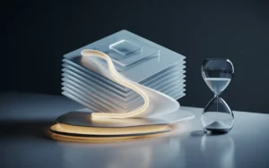 Illustration finance premium BMPA : structure géométrique en couches type verre au centre, courbe lumineuse ascendante (rendement), ondulations rouge/orange discrètes à la base (risque) et sablier en verre à droite (échéance), fond dégradé bleu nuit gris anthracite, rendu 3D propre sans texte.