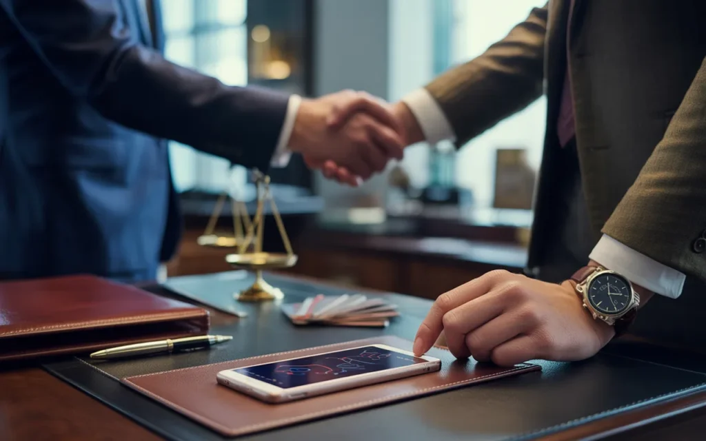 Vignette photo-réaliste premium BMPA sur prêt lombard et coût : main en costume posant un smartphone avec portefeuille d’actifs abstrait sur bureau en bois sombre, dossiers financiers, stylo, montre, balance ou pièces et carte bancaire, poignée de main floue en arrière-plan, ambiance banque privée moderne cinématographique.