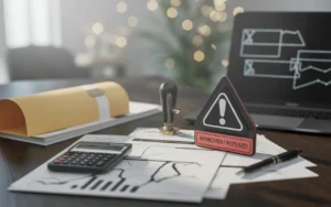 Vignette photoréaliste éditoriale BMPA sur l’optimisation fiscale, bureau moderne avec table en bois clair, calculatrice et documents fiscaux abstraits éparpillés, tampon approuvé/refusé sans texte, stylo et dossier entrouvert, alerte visuelle (papier froissé ou pièce d’échec renversée ou post-it vierge avec icône), ordinateur portable flou en arrière-plan avec graphiques non lisibles, lumière naturelle latérale, palette bleu nuit/gris/blanc avec touche rouge, composition centrée en 16:9 avec espace négatif en haut/droite, sans aucun texte ni logo.