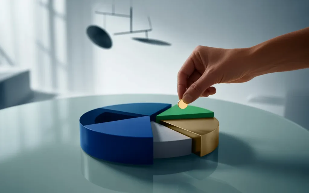 Vignette finance premium BMPA : main rééquilibrant un camembert 3D d’allocation d’actifs devant un laptop au dashboard abstrait, sur bureau moderne avec balance minimaliste en arrière-plan.