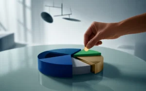 Vignette finance premium BMPA : main rééquilibrant un camembert 3D d’allocation d’actifs devant un laptop au dashboard abstrait, sur bureau moderne avec balance minimaliste en arrière-plan.