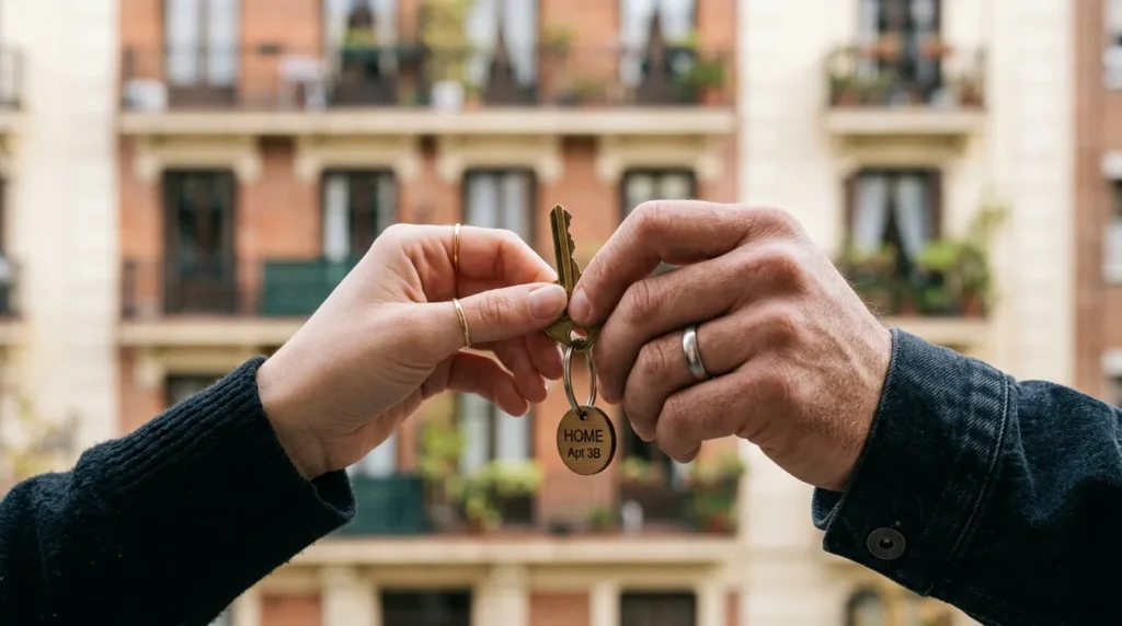 Deux mains se transmettent une clé de maison, immeuble flou, investissement nue-propriété SCPI.