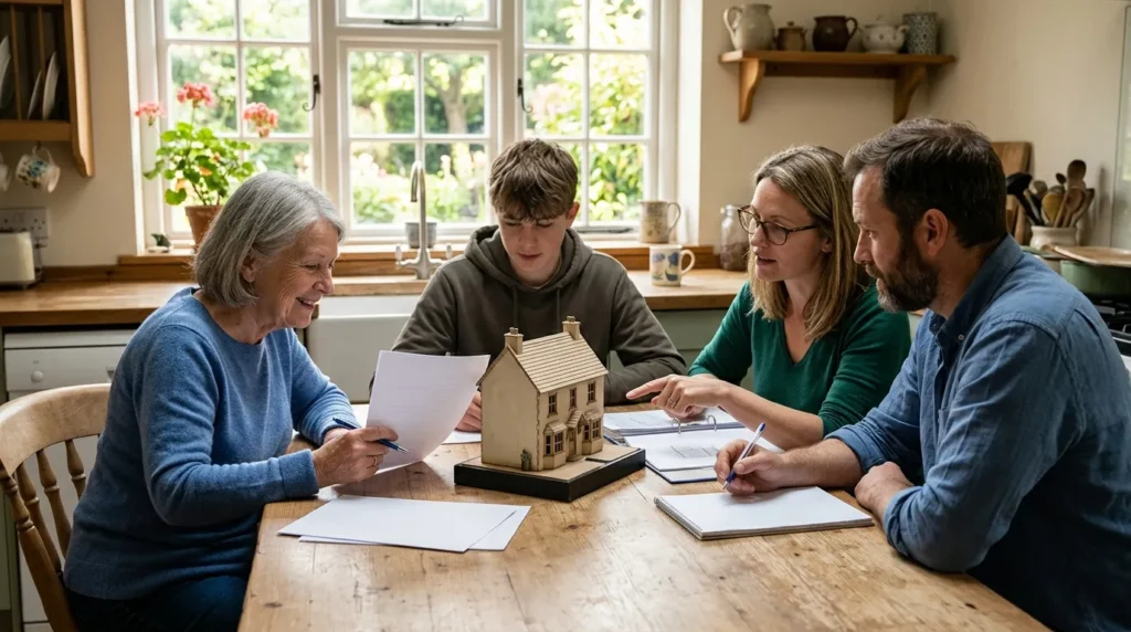 Famille autour d’une table de cuisine, documents vierges et maison miniature, SCI familiale