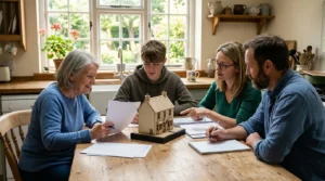 Famille autour d’une table de cuisine, documents vierges et maison miniature, SCI familiale