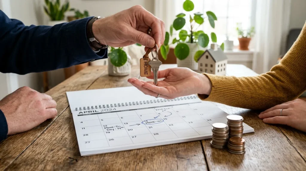 Mains échangeant une clé de maison au-dessus d’un calendrier, pièces empilées, fiscalité usufruit.