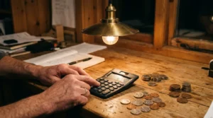 Mains utilisant une calculatrice, pièces sur bureau sous lampe; fiscalité PEA.