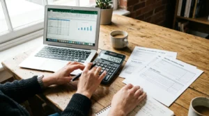 Mains utilisant une calculatrice près d’un laptop, formulaires financiers vierges, simulation IFI, lumière du jour