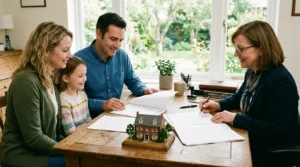 Famille et notaire examinant des documents vierges près d'une maison miniature, patrimoine.