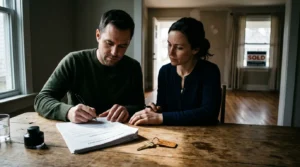 Deux copropriétaires signent des papiers près d’une clé, table sombre, clause et risque.
