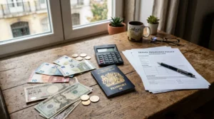 Passeport, calculatrice et formulaires d’assurance vierges près de devises sur bureau en bois.