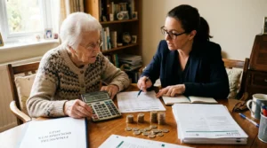 Personne âgée avec comptable, calculatrice, pièces, formulaires fiscaux, abattements retraite