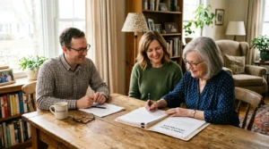 Homme de 70 ans signant des documents avec ses enfants, salon chaleureux, transmission